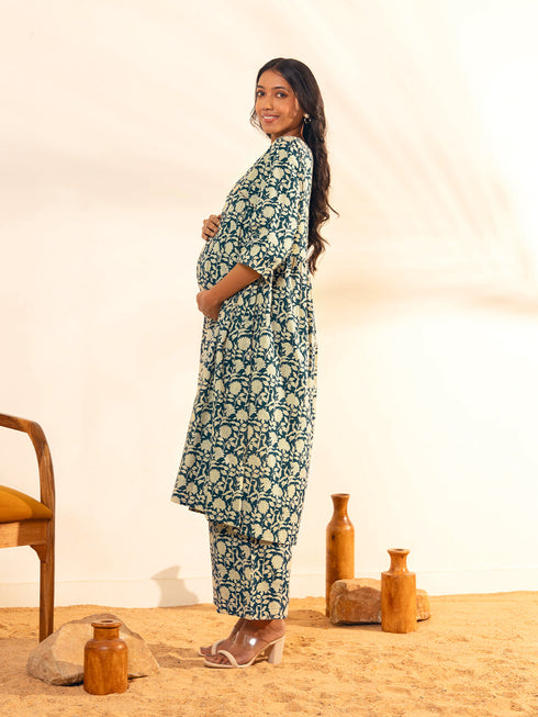 Teal Blue Cotton Floral Printed Kurta with Palazzo